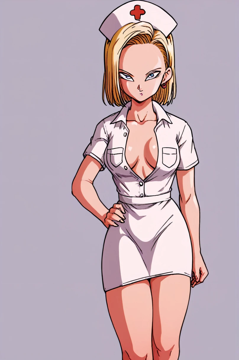 nurse, nurse cap, breast pocket, collared dress, short dress, short sleeves, thighs, white dress, white headwear,android18