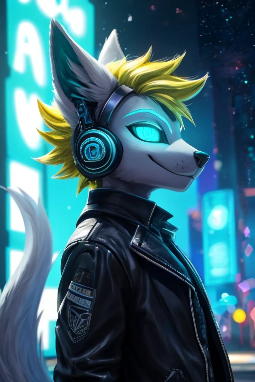 Young werewolf, white fur, wearing a black jacket with neon details, sporting a cybernetic mask, with gamer headphones, profile picture, Close-up on the facehigh quality, digital art, drawing, HD 4k fotorealistisch, ((clear structural details)), Meticulous and realistic, Detailed eyes, (Turquoise blue pupils), ((Silvery-white glowing eyes)), Evil smile, Smile, slenderness, soft, 4K, Excellent quality, high detal, Detailed fur, ((The tail is in the right place) ，Light blue shirt。Two ears，Yellow Hair，whole body，Standing

