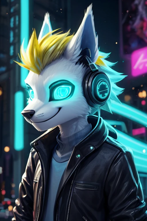 Young werewolf, white fur, wearing a black jacket with neon details, sporting a cybernetic mask, with gamer headphones, profile picture, Close-up on the facehigh quality, digital art, drawing, HD 4k fotorealistisch, ((clear structural details)), Meticulous and realistic, Detailed eyes, (Turquoise blue pupils), ((Silvery-white glowing eyes)), Evil smile, Smile, slenderness, soft, 4K, Excellent quality, high detal, Detailed fur, ((The tail is in the right place) ,Light blue shirt。Two ears,Yellow Hair,whole body,Standing