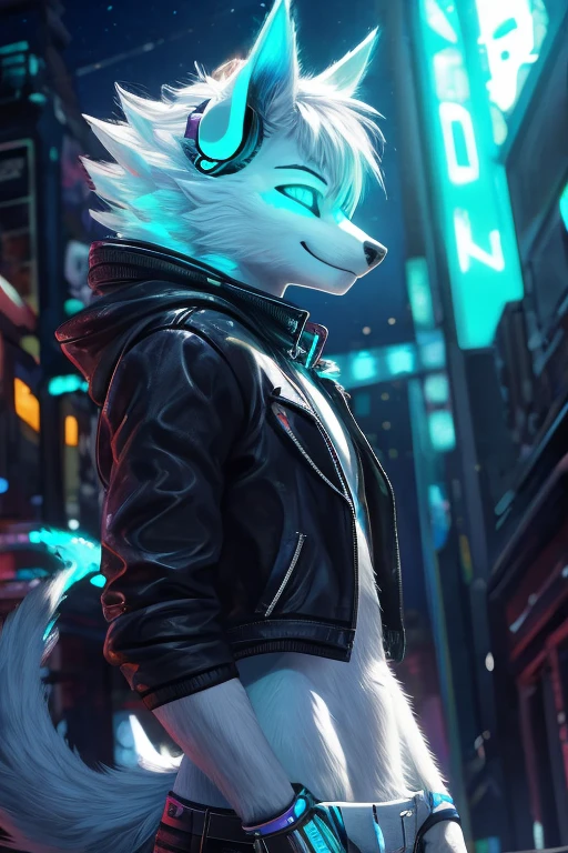 Young werewolf, white fur, wearing a black jacket with neon details, sporting a cybernetic mask, with gamer headphones, profile picture, Close-up on the facehigh quality, digital art, drawing, HD 4k fotorealistisch, ((clear structural details)), Meticulous and realistic, Detailed eyes, (Turquoise blue pupils), ((Silvery-white glowing eyes)), Evil smile, Smile, slenderness, soft, 4K, Excellent quality, high detal, Detailed fur, ((The tail is in the right place) ，Light blue shirt。Two ears，Yellow Hair，whole body，Standing

