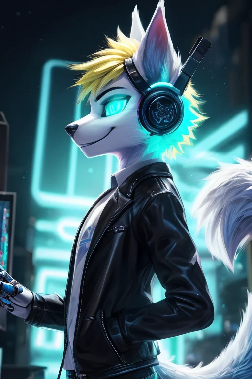 Young werewolf, white fur, wearing a black jacket with neon details, sporting a cybernetic mask, with gamer headphones, profile picture, Close-up on the facehigh quality, digital art, drawing, HD 4k fotorealistisch, ((clear structural details)), Meticulous and realistic, Detailed eyes, (Turquoise blue pupils), ((Silvery-white glowing eyes)), Evil smile, Smile, slenderness, soft, 4K, Excellent quality, high detal, Detailed fur, ((The tail is in the right place) ,Light blue shirt。Two ears,Yellow Hair,whole body,Standing