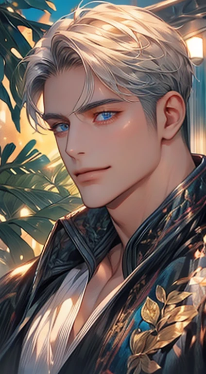 (best quality,4k,8k,highres,masterpiece:1.2),ultra-detailed,(realistic,photorealistic,photo-realistic:1.37),1 man,31 years old,mature man,very handsome,without expression,smile,short gray white hair,blue eyes,penetrating gaze,perfect face without errors,imposing posture,businessman,office background,cinematic lighting,hdr image