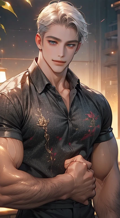 (best quality,4k,8k,highres,masterpiece:1.2),ultra-detailed,(realistic,photorealistic,photo-realistic:1.37),1 man,31 years old, man,very handsome,without expression,smile,short gray white hair,blue eyes,penetrating gaze,perfect face without errors,imposing posture,businessman,office background,cinematic lighting,hdr image
