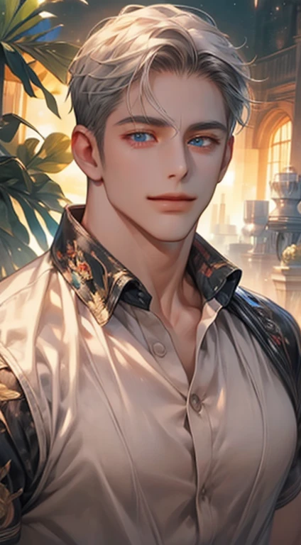 (best quality,4k,8k,highres,masterpiece:1.2),ultra-detailed,(realistic,photorealistic,photo-realistic:1.37),1 man,31 years old,mature man,very handsome,without expression,smile,short gray white hair,blue eyes,penetrating gaze,perfect face without errors,imposing posture,businessman,office background,cinematic lighting,hdr image