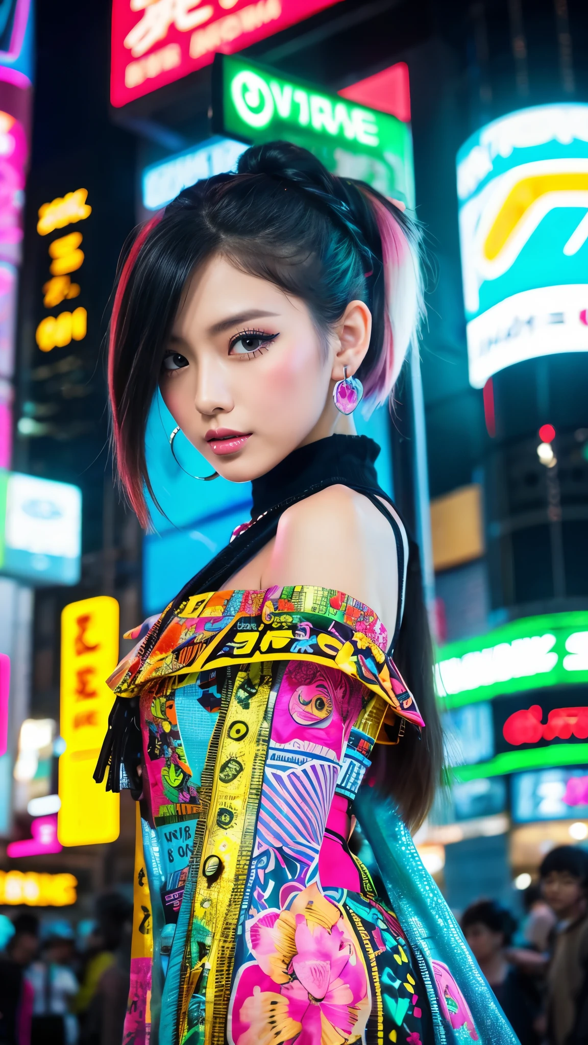masterpiece、Highest quality、Wearing unique Harajuku style clothing、Mint green stands out、Bold colors and patterns、Eye-catching accessories、Trendy and innovative hairstyles、Bright makeup、Dazzling cyberpunk cityscapes、Skyscraper、Neon Signs、LED Light、Bright and vivid color scheme、anime、shape、Fine skin、High quality fabric、Intricate details、Very detailed、Low - Angle、whole body、vision（avert your eyes：1.4）、Dynamic pose、Short Hair、