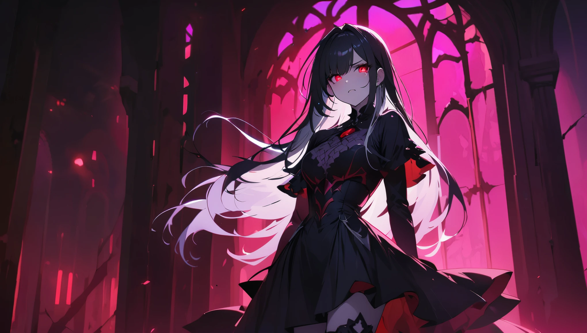 1 girl ,(The Great Stigmata) , Church ruins, Bloody Rosary , (Floating Hair, Floating skirt), ((Brute mail)),From the side, Character Focus, ((Black light)),((Dim lighting)), Cinema Lighting ,(darkness), (Conceptual Art), ((Rape face)) ,Black and long straight hair, Black Hair, Braided Hairstyles, Long, straight braids, hair band , red eye color, Black short dress, tight black dress, Absolute area, Thigh-high socks, (glowing eye), High resolution,(Unbelievably absurd) ,Extreme detailed CG Unity 8k wallpaper, ((masterpiece)), ((Highest quality)), (Beautiful illustrations), ((Very delicate and beautiful)), (masterpiece, Highest quality, ultra High resolution), Black Hair, Pale skin, Black Crown, red eye, bright_eye, neon eye, ultra detaileded eye, beautiful and detaileded face, detaileded eye, (Centered, body), (tears), (Wide-angle shot:0.9), Facing the audience, eyehöhe, Are standing, Very long hair, Cowboy Shot, wonderful, wonderful hair, (night:1.2),dream-like, [[Gentle fingers and hands:0.55]::0.85],(detaileded fingers),),(Emotional),(Breathtakingly beautiful),(main part:1.2) whole body.), (Anime Style), (非常にdetailedな), (Brutal), (超High resolution, High resolution), (8k), (High resolution: 1.2), (Complex and beautiful: 1.2), (Dramatic lighting: 1.2) , (Staring at the audience), roller:addition_detailed:1, Female Necromancer, Flowing white hair, detaileded red eye, skeleton, Tomohiko Ito style