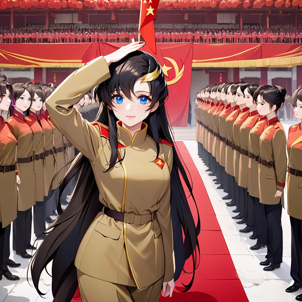 ((Highest quality)), ((masterpiece)), (detailed), (Perfect Face)、The woman is a Chinese Lacus Clyne with blue eyes and medium-long black hair. She is wearing an engagement ring. She has become a member of the glorious Chinese Communist Party and has sworn absolute loyalty to the Chinese Communist Party. She is a righteous Communist Party member of China.、The woman is a member of the Chinese Communist Party and is wearing a khaki Mao suit.、For the sake of China, they dye their hair, hairstyle, clothes, and everything they wear belongs to the Chinese Communist Party, and their thoughts are also Chinese, becoming great Chinese in body and mind.、The woman became Lacus Clyne, a Chinese woman who was proud of and loved China.、She is working for China as a member of the great Chinese Communist Party.、The woman and her fellow Communist Party members lined up in an orderly fashion at the ceremony, saluting the beloved and great President of the Nation and pledging allegiance with all their hearts.