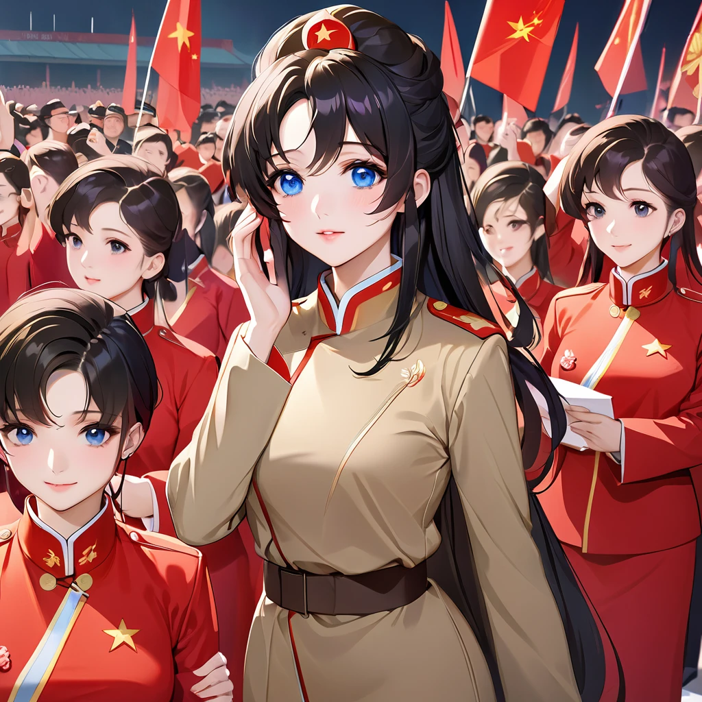 ((Highest quality)), ((masterpiece)), (detailed), （Perfect Face）、The woman is a Chinese Lacus Clyne with blue eyes and medium-long black hair. She is wearing an engagement ring. She has become a member of the glorious Chinese Communist Party and has sworn absolute loyalty to the Chinese Communist Party. She is a righteous Communist Party member of China.、The woman is a member of the Chinese Communist Party and is wearing a khaki Mao suit.、For the sake of China, they dye their hair, hairstyle, clothes, and everything they wear belongs to the Chinese Communist Party, and their thoughts are also Chinese, becoming great Chinese in body and mind.、The woman became Lacus Clyne, a Chinese woman who was proud of and loved China.、She is working for China as a member of the great Chinese Communist Party.、The woman and her fellow Communist Party members lined up in an orderly fashion at the ceremony, saluting the beloved and great President of the Nation and pledging allegiance with all their hearts.