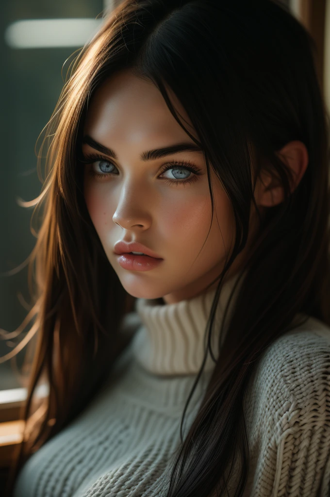 16 years old Megan Fox, portrait, ultra-detailed Nordic eyes, bangs, large breasts, knit sweater, (((masterpiece, ultra-detailed face))).