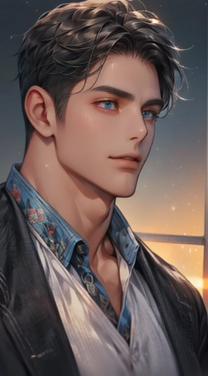 (best quality,4k,8k,highres,masterpiece:1.2),ultra-detailed,(realistic,photorealistic,photo-realistic:1.37),1 man,31 years old,mature man,very handsome,without expression,smile,short grey black hair,blue eyes,penetrating gaze,perfect face without errors,imposing posture,businessman,office background,cinematic lighting,hdr image