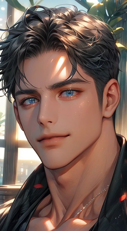 (best quality,4k,8k,highres,masterpiece:1.2),ultra-detailed,(realistic,photorealistic,photo-realistic:1.37),1 man,31 years old,mature man,very handsome,without expression,smile,short grey black hair,blue eyes,penetrating gaze,perfect face without errors,imposing posture,businessman,office background,cinematic lighting,hdr image