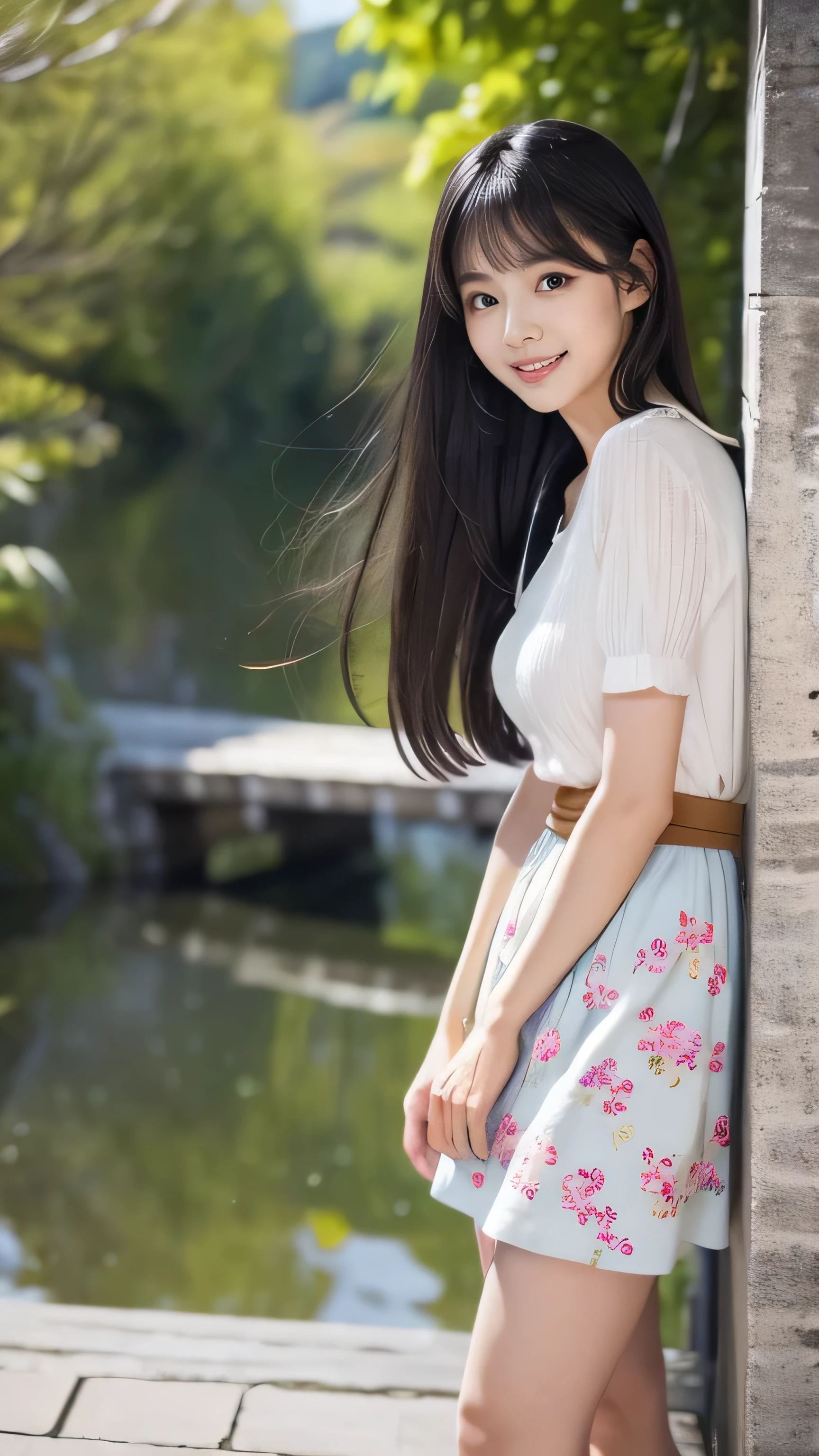 Create an ultra-realistic image of a 21-year-old Japanese woman named Kotone visiting Maruoka Castle in Fukui Prefecture. She has extremely long, perfectly straight black hair that flows down to her waist, with blunt bangs that cover her forehead. Her eyes are large, enchanting, and have double eyelids with sparkling black pupils, giving them a captivating and youthful appearance. Her face is delicate and innocent, with very thin eyebrows that frame her large, childlike eyes. Kotone's skin is smooth and flawless, resembling snow in its pure white color. She has a slender and well-proportioned body with a shapely bust size of 95 cm, a height of 158 cm, a weight of 43 kg, an ideal waist size of 58.46 cm, and an ideal hip size of 86.73 cm. Her complexion is flawless, without any wrinkles, and her natural makeup enhances her features subtly, maintaining a fresh and youthful look. She embodies a perfect balance of youthful charm and mature elegance, with a cute and innocent smile that adds warmth and affection to her appearance.
Kotone should be depicted standing near Maruoka Castle, with the historic castle tower in the background. She is wearing a stylish yet comfortable outfit suitable for sightseeing, such as a floral dress or a skirt paired with a trendy blouse and sandals.