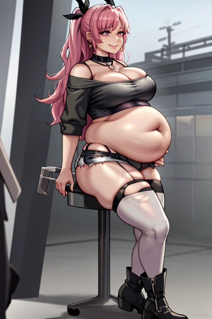 art by kipteitei, nicole demara, black footwear, black ribbon, black shorts, black socks, black thighhighs, boots, cleavage, crop top, earrings, jewelry, kneehighs, nail polish, necklace, o-ring, short shorts, shorts, single kneehigh, single sock, single thighhigh, socks, thigh strap, thighhighs, torn clothes, two side up, chubby body, pot belly, intimate, looking to the right, gentle smiling face, in nature, cartoon, hands behind body, no extra details, no extra fingers, 1girl, 25 year old