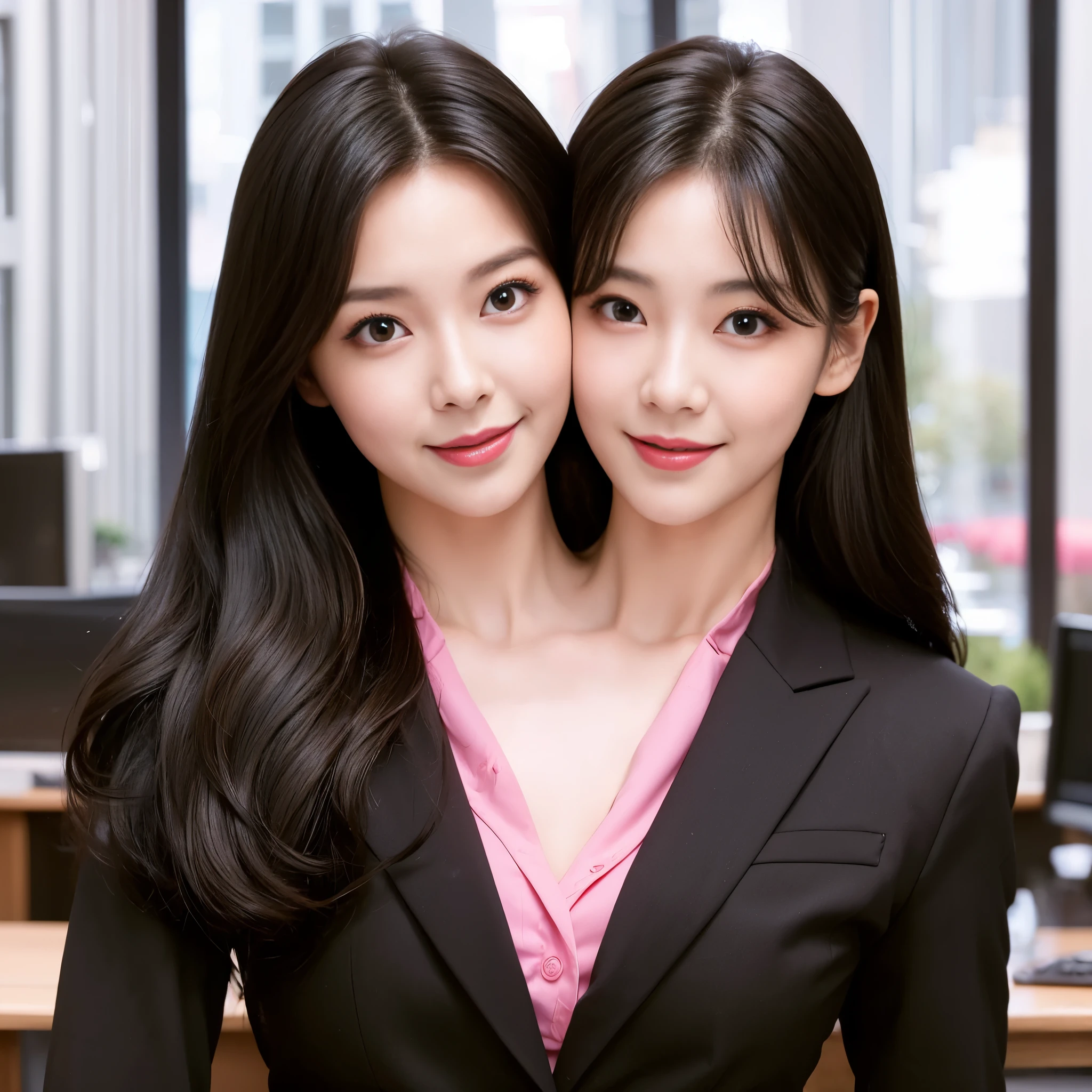 Best resolution, 2heads, korean woman with two heads, lipstick,smiling, different faces, pink shirt, black suit, office background