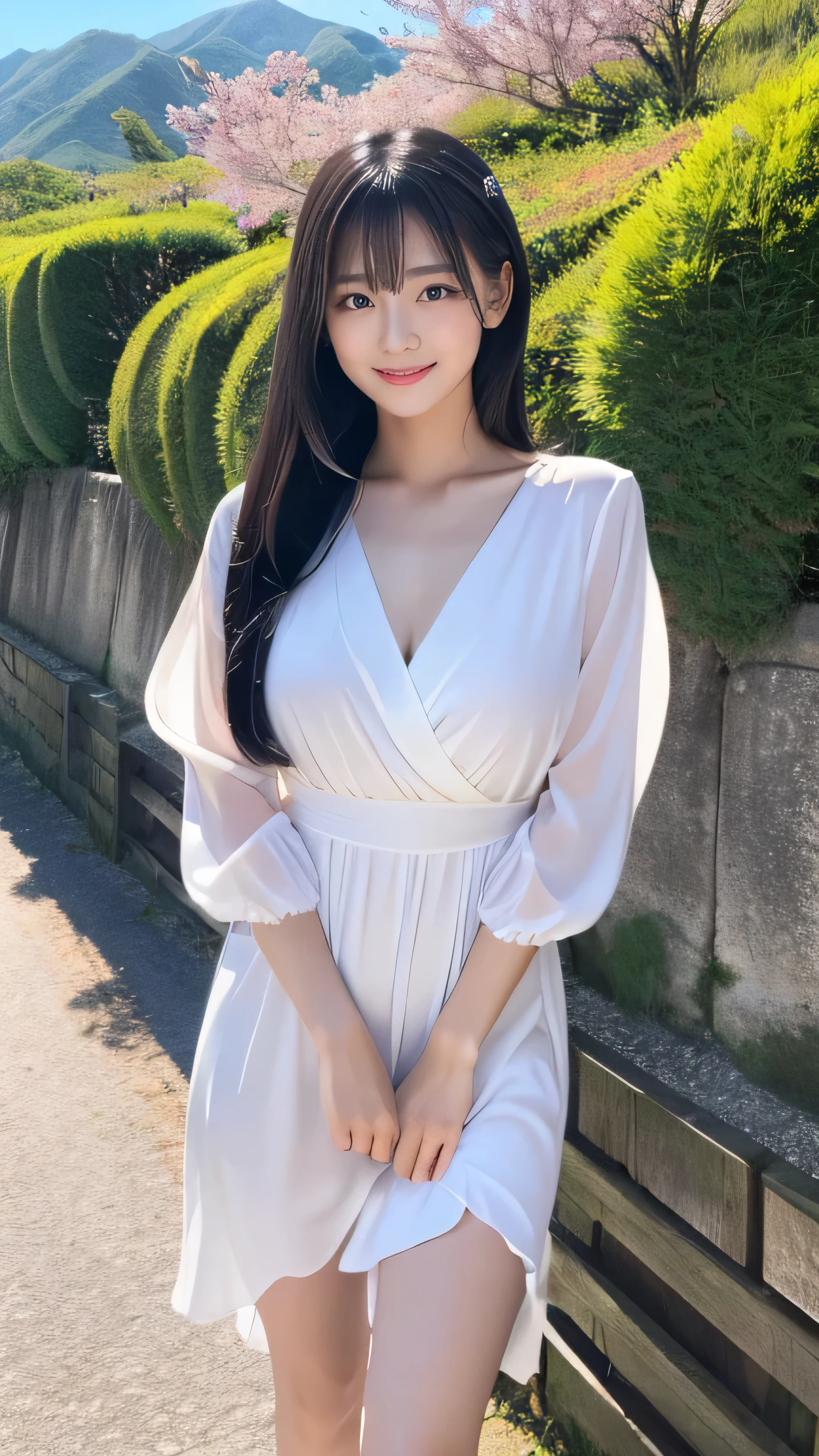 Create an ultra-realistic image of a 21-year-old Japanese woman named Kotone visiting Maruoka Castle in Fukui Prefecture. She has extremely long, perfectly straight black hair that flows down to her waist, with blunt bangs that cover her forehead. Her eyes are large, enchanting, and have double eyelids with sparkling black pupils, giving them a captivating and youthful appearance. Her face is delicate and innocent, with very thin eyebrows that frame her large, childlike eyes. Kotone's skin is smooth and flawless, resembling snow in its pure white color. She has a slender and well-proportioned body with a shapely bust size of 95 cm, a height of 158 cm, a weight of 43 kg, an ideal waist size of 58.46 cm, and an ideal hip size of 86.73 cm. Her complexion is flawless, without any wrinkles, and her natural makeup enhances her features subtly, maintaining a fresh and youthful look. She embodies a perfect balance of youthful charm and mature elegance, with a cute and innocent smile that adds warmth and affection to her appearance.
Kotone should be depicted standing near Maruoka Castle, with the historic castle tower in the background. She is wearing a stylish yet comfortable outfit suitable for sightseeing, such as a floral dress or a skirt paired with a trendy blouse and sandals.