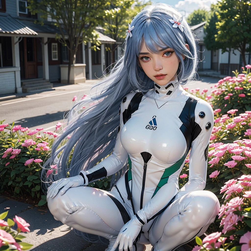 (realistic, photorealistic), Christina Chong beautiful face, narrowed eyes. smirk. black braided hair, 1girl, blue short hair, white hair ornament, ((white bodysuit, gloves)), thighs, (full body), squatting, (spread legs), (cowboy shot),(masterpiece, high quality, best quality), (colorful),(delicate eyes and face), volumatic light, ray tracing, extremely detailed CG unity 8k wallpaper,solo((flying petal)),outdoors, town, flowers, houses, paths, green plants, blue sky, clouds