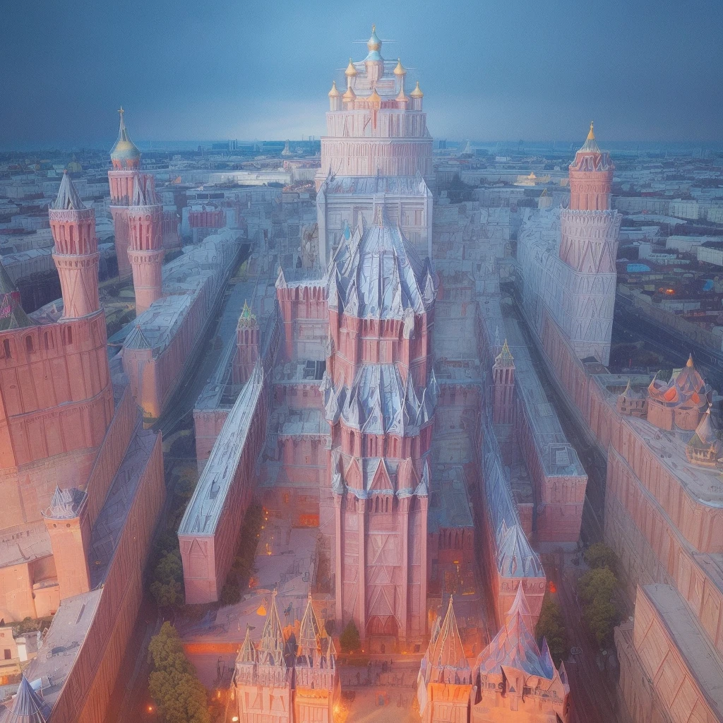 Aerial view, blue sky, evening light, (Kremlin complex of buildings:1.8), a young intricate woman is dancing, she wears long white thin silk dress, skin exposure is minimum, her beautiful and cute smiling face, her two arms, five fingers, and two legs, wide angle lens f/2.8, ultra insane high resolution intricate textures, texture indentation, perfect perspective, perfect geometry, the solar system in another dimension, other worlds, extraterrestrial giant beings perform a ritual, fire all around, celestial singularity, energy fields, gloomy image, luminism, ultra detailed busy background, tessellation, maximalism, perfectionism, IPA Award wining masterpiece