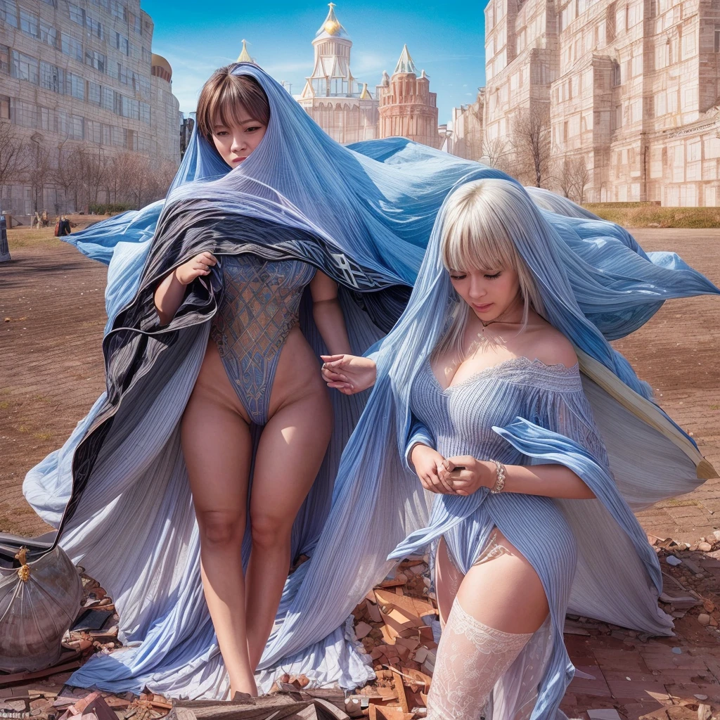 Aerial view, blue sky, evening light, (Kremlin complex of buildings:1.8), a young intricate woman is dancing, she wears long white thin silk dress, skin exposure is minimum, her beautiful and cute smiling face, her two arms, five fingers, and two legs, wide angle lens f/2.8, ultra insane high resolution intricate textures, texture indentation, perfect perspective, perfect geometry, the solar system in another dimension, other worlds, extraterrestrial giant beings perform a ritual, fire all around, celestial singularity, energy fields, gloomy image, luminism, ultra detailed busy background, tessellation, maximalism, perfectionism, IPA Award wining masterpiece