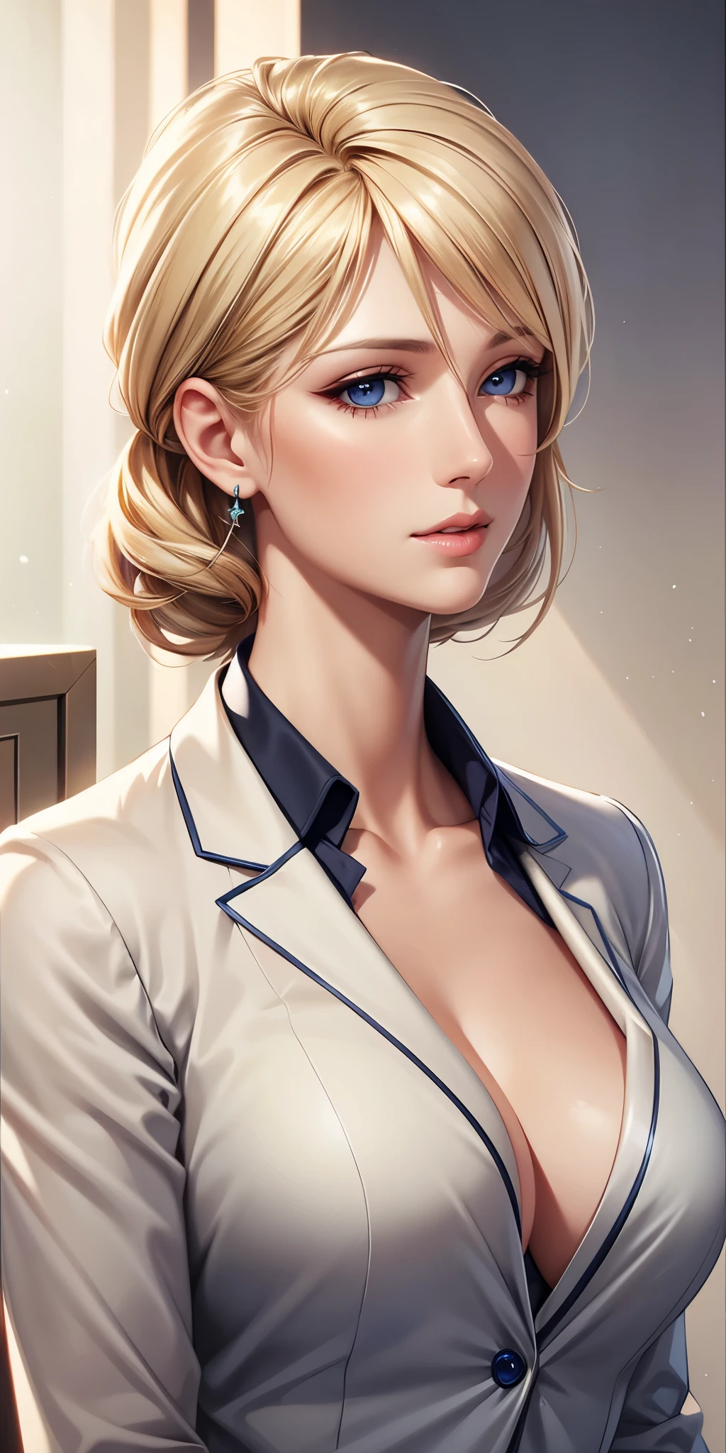 Elegant mature woman, blue eyes, blonde hair, soft light, 4k resolution, high quality, beautiful cg