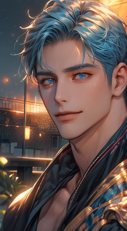 (best quality,4k,8k,highres,masterpiece:1.2),ultra-detailed,(realistic,photorealistic,photo-realistic:1.37),1 man,31 years old,mature man,very handsome,without expression,smile,short blue hair,blue eyes,penetrating gaze,perfect face without errors,imposing posture,businessman,office background,cinematic lighting,hdr image