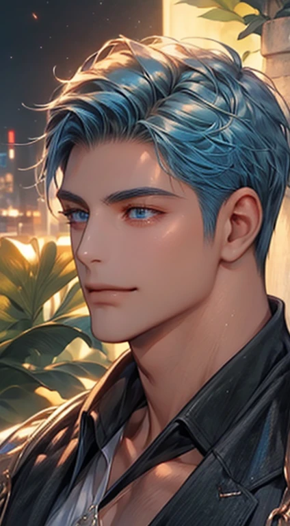 (best quality,4k,8k,highres,masterpiece:1.2),ultra-detailed,(realistic,photorealistic,photo-realistic:1.37),1 man,31 years old,mature man,very handsome,without expression,smile,short blue hair,blue eyes,penetrating gaze,perfect face without errors,imposing posture,businessman,office background,cinematic lighting,hdr image