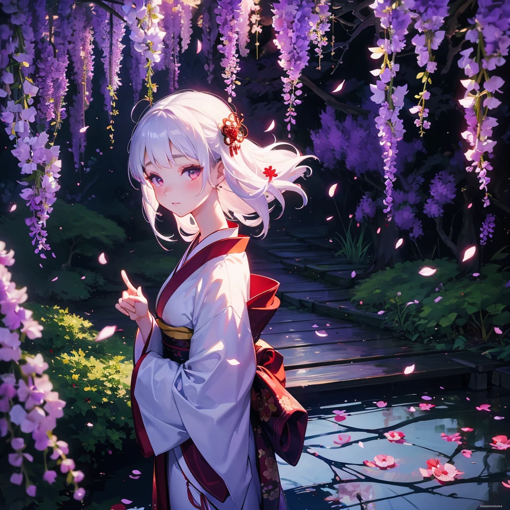 a beautiful geisha in the wisteria forest,  dark night, , (Beautifully Aesthetic:1.2),wisteria, peace, tranquility, serenity, petals, red kimono, white hair