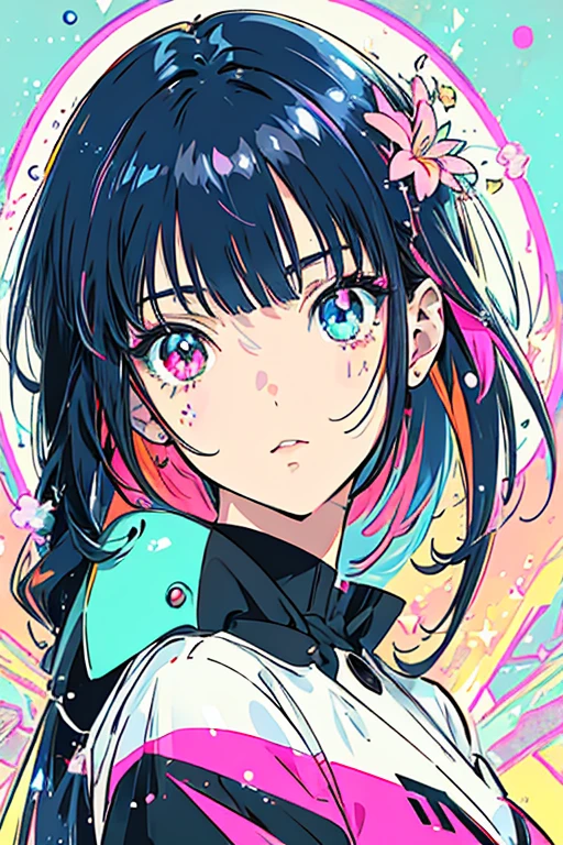 An anime girl with heterochromia (dark blue and bright pink eyes), long black hair with bright purple, pink, cyan, green, orange, and yellow highlights, beautiful detailed eyes, beautiful detailed lips, extremely detailed face, longeyelashes, delicate facial features, figure, wearing a colorful 80s futuristic outfit, psychedelic backdrop
