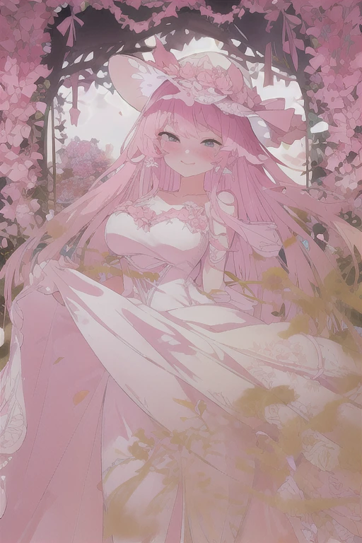 Wedding dress covered with pink vines，Flower vines hanging from the hat，pink farting，Girl