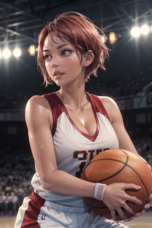 4K，masterpiece，High resolution，Very complicated，Realistically，((Sweaty 1.5))，((Shiny skin 1.5))， whole body，Summer noon， Play basketball，Basketball Pose，Basketball Uniform，Thighs， 1990s\（style\），White skin，(Sweaty cleavage 1.2)， (Highest quality), (High resolution), (Extremely delicate and beautiful),Beautiful 8k face,(Brown eyes),(Beautiful breasts),(Basketball Sportswear),((Play basketball)),((Basketball court background)),， closeup cleavage，Highest quality， RAW Photos， Realistically， Cute face， Buatigarh， Adorable， Pink shorthair， Depth of written boundary， Super detailed， Cinema Lighting