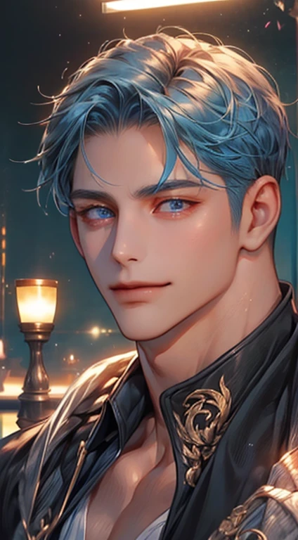 (best quality,4k,8k,highres,masterpiece:1.2),ultra-detailed,(realistic,photorealistic,photo-realistic:1.37),1 man,31 years old,mature man,very handsome,without expression,smile,short blue hair,blue eyes,penetrating gaze,perfect face without errors,imposing posture,businessman,office background,cinematic lighting,hdr image