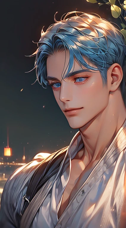 (best quality,4k,8k,highres,masterpiece:1.2),ultra-detailed,(realistic,photorealistic,photo-realistic:1.37),1 man,31 years old,mature man,very handsome,without expression,smile,short blue hair,blue eyes,penetrating gaze,perfect face without errors,imposing posture,businessman,office background,cinematic lighting,hdr image