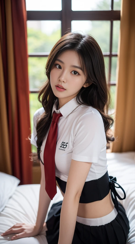 (8K,best quality,masterpiece:1.2),(In reality,realistic:1.4),(RAW photos),perfect details,18-year-old South Korean female model,Korean beautiful girl,Goose egg face shape,wavy curly hair,pure desire,((upper body:5 Point Shirt,black shirt,(Little Red Tie),short sleeve,Crop topping)),(private part:Skirt that hugs the buttocks,black),Wear pantyhose and sneakers,chest이 크다,chest,Butt Lift,hotel,rooms,window,stand on all fours