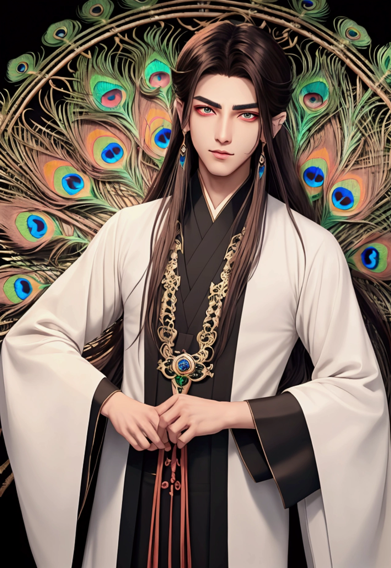 sarcastic young male mage. red eyes. fox-like eyes. narrow eyes. smirk. thin-thin lips. sharp face. thin sharp eyebrows. eyebrows tick. very long brown hair. peacock feather earring in one ear. hanfu