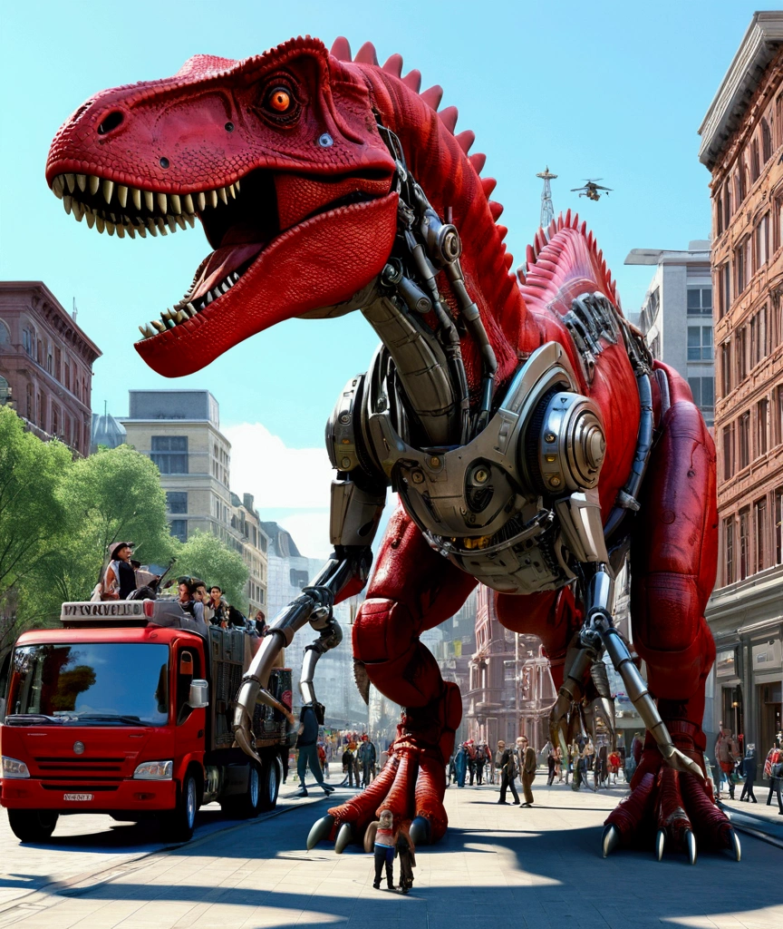 arafed dinosaur statue on a city street with people walking by, a steampunk tyrannosaurus, chrome dino, riding a cyborg raptor, red mech, trex dinosaur, sauroform hybrid, t - rex, t-rex, by Luis Molinari, red biomechanical, red realistic 3 d render, robot made of truck parts, trex