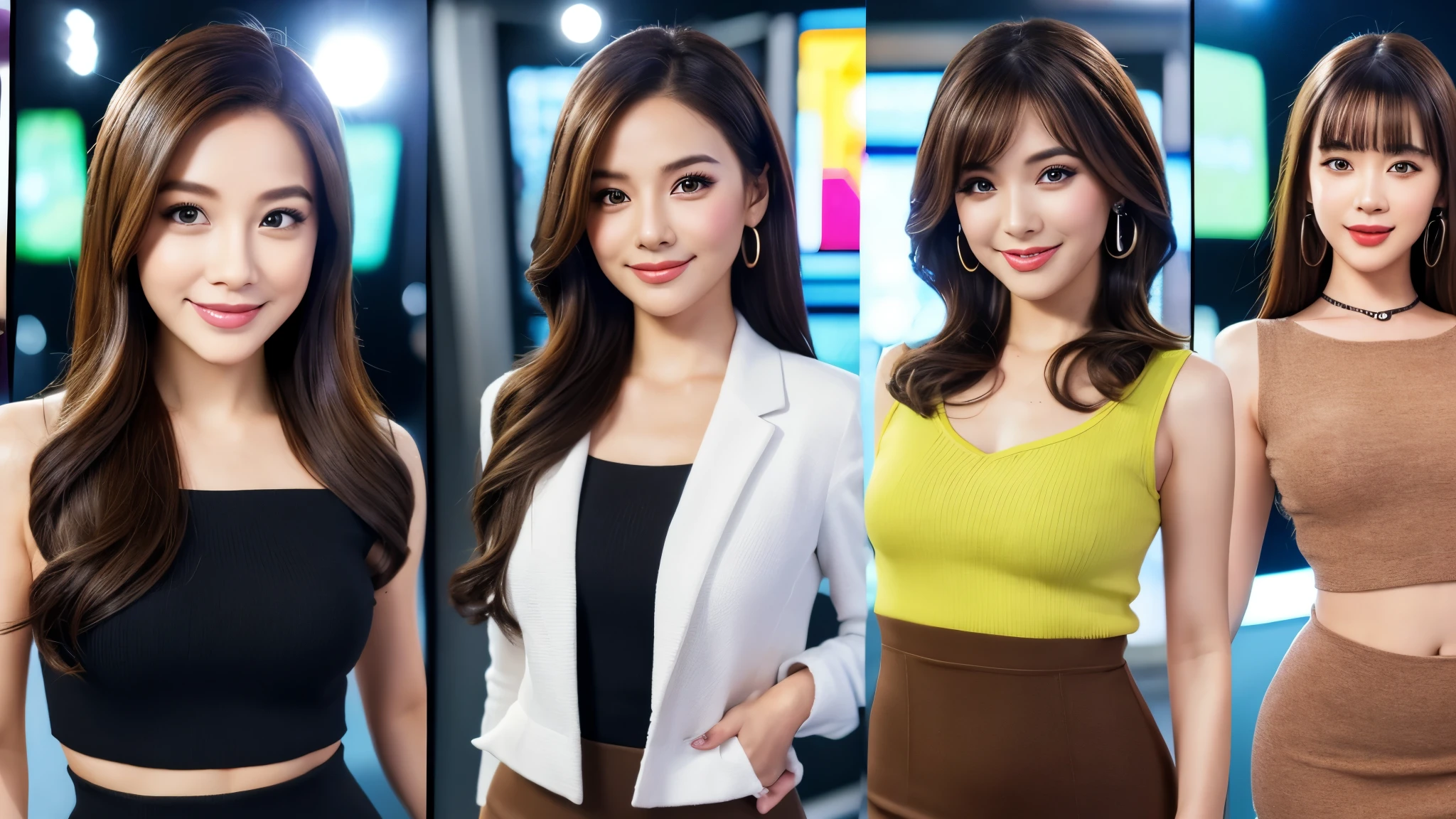 one person、female newscaster、young、beautiful、Female announcer、Shaped face contour、Long Hair、Brown Hair、Fine iris、elegant、Sexy face、Glowing Skin、Juicy lips、An open, seductive smile、Thick eyelasheodel Body Type、Earrings、black stockings、blush、suit、Tight mini skirt、Perfect lighting、Perfect Shadow、Perfect Anatomy(((masterpiece))), ((highest quality)), ((Super detailed)), (CG illustration), (Very wicked and beautiful)), (Cute Desktop Face),Television broadcast