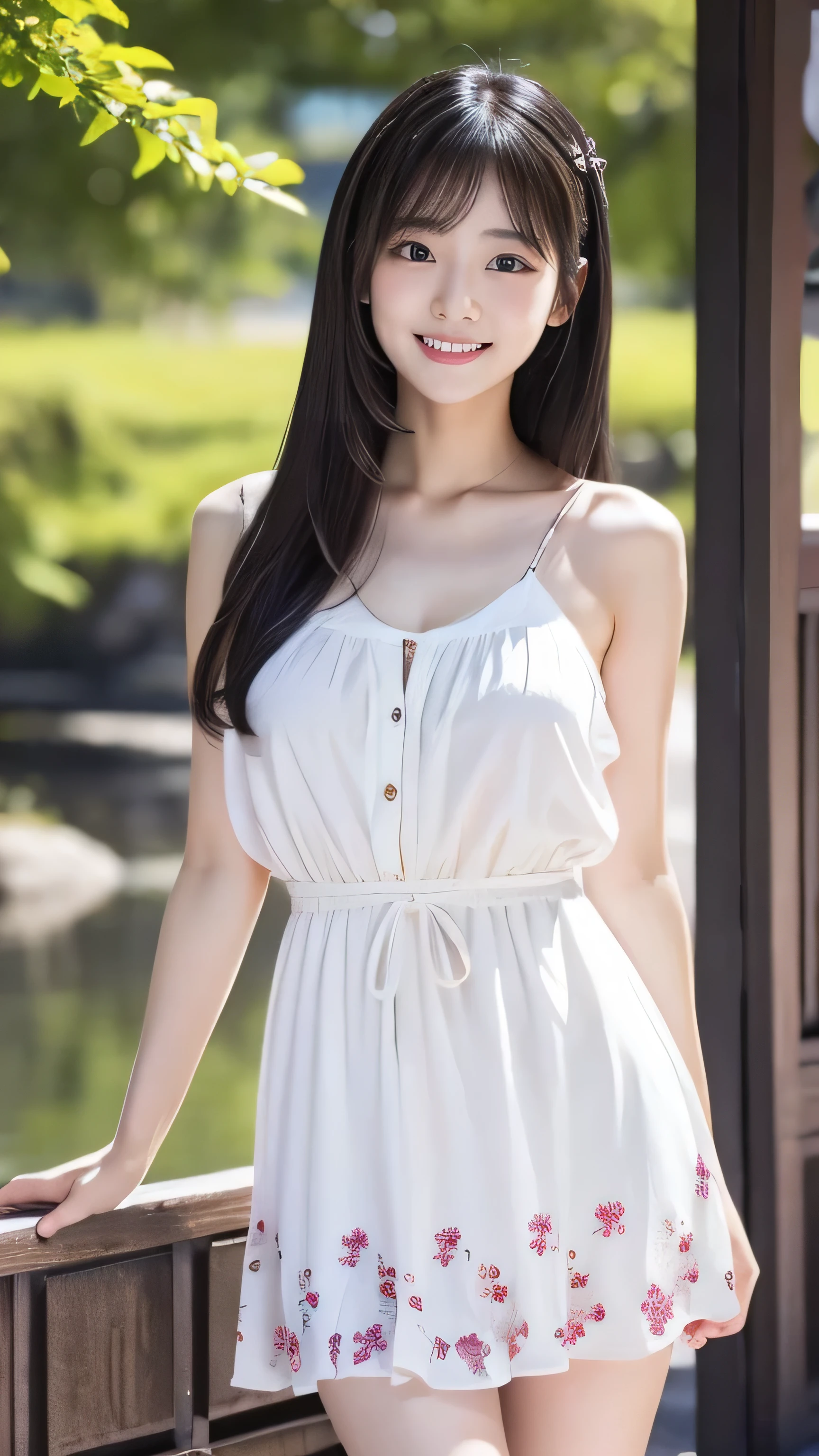 Create an ultra-realistic image of a 21-year-old Japanese woman named Kotone visiting Maruoka Castle in Fukui Prefecture. She has extremely long, perfectly straight black hair that flows down to her waist, with blunt bangs that cover her forehead. Her eyes are large, enchanting, and have double eyelids with sparkling black pupils, giving them a captivating and youthful appearance. Her face is delicate and innocent, with very thin eyebrows that frame her large, childlike eyes. Kotone's skin is smooth and flawless, resembling snow in its pure white color. She has a slender and well-proportioned body with a shapely bust size of 95 cm, a height of 158 cm, a weight of 43 kg, an ideal waist size of 58.46 cm, and an ideal hip size of 86.73 cm. Her complexion is flawless, without any wrinkles, and her natural makeup enhances her features subtly, maintaining a fresh and youthful look. She embodies a perfect balance of youthful charm and mature elegance, with a cute and innocent smile that adds warmth and affection to her appearance.
Kotone should be depicted standing near Maruoka Castle, with the historic castle tower in the background. She is wearing a stylish yet comfortable outfit suitable for sightseeing, such as a floral dress or a skirt paired with a trendy blouse and sandals.