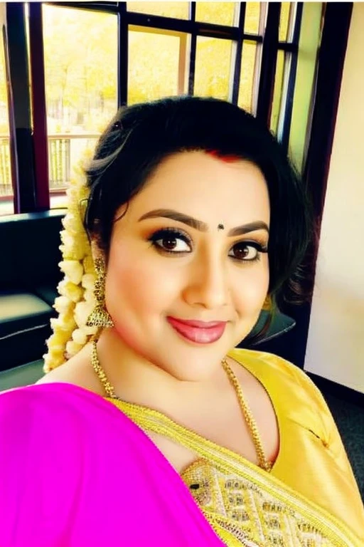 Instagram photo, 45 years old woman deepa,Full pic,  wearing yellow Cotton saree, selfie taken on iphone 15, slight smile, smile to camera