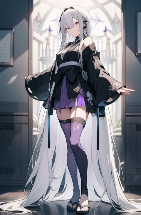 1girl, solo, togame, ((extremely long hair)), straight bangs, (((straight white hair))), (magenta eyes), long sidelocks, frowning, serious expression, ((arms crossed)), thin, slender, medium breasts, 
BREAK black kimono with long sleeves, (black knee pads), (black shin-guards), thin legs, (black zori),
BREAK (((lavender thighhighs))), zettai ryouiki,(((torn violet mini skirt))),  
BREAK ourdoors, feudal japan, town
BREAK looking at viewer, (fullbody shot:1.5),
BREAK (masterpiece:1.2), best quality, high resolution, unity 8k wallpaper, (illustration:0.8), (beautiful detailed eyes:1.6), extremely detailed face, perfect lighting, extremely detailed CG, (perfect hands, perfect anatomy),