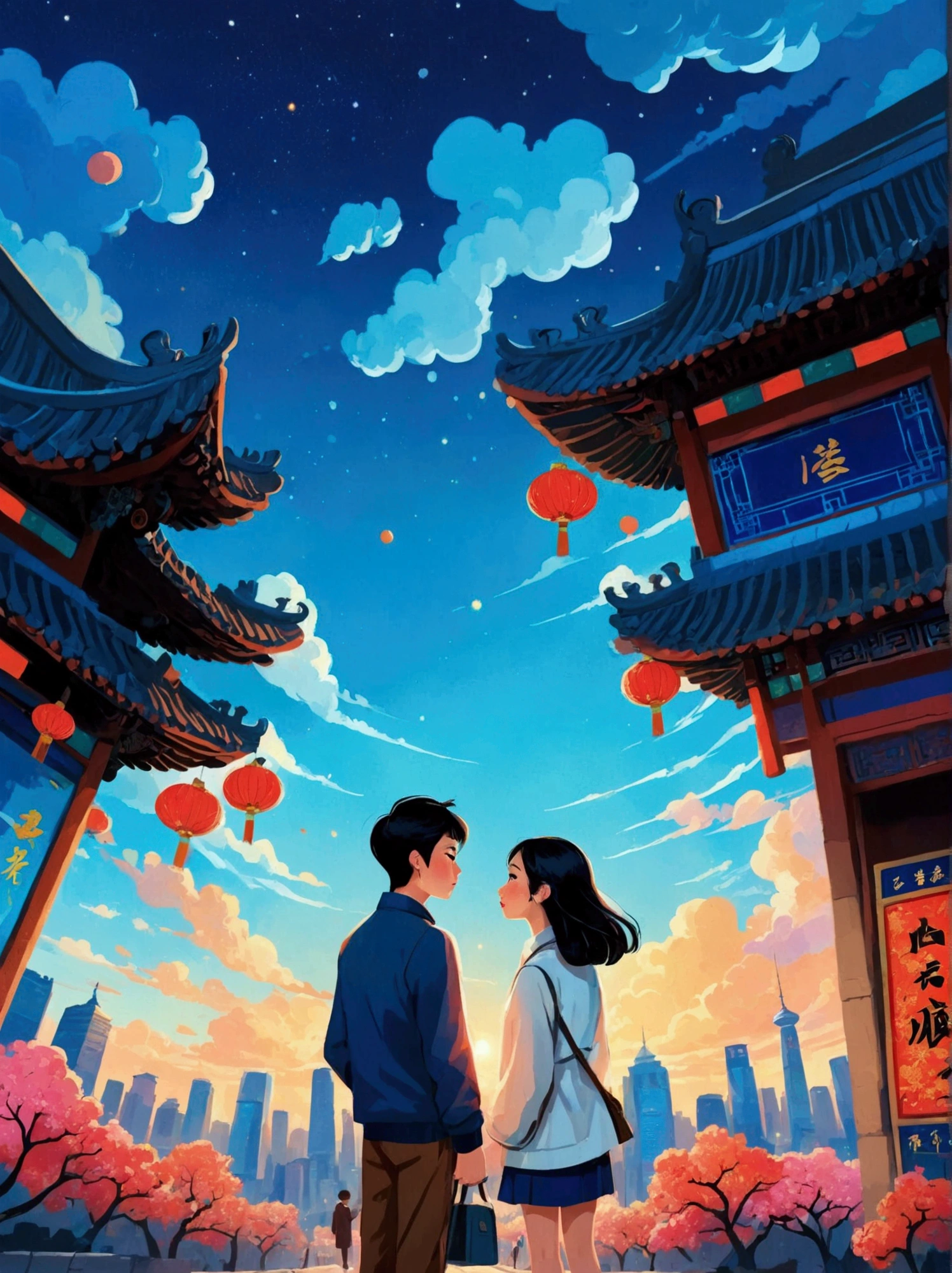 (8k，Bright colors，Bright，Ultra high saturation，rgb, Colorful), Cartoon, Character Design, Surreal photos，Matt Boles&#39; comics，Simple，clean，soft，Exquisite，Summer Night，The deep blue sky is dotted with stars，A couple taking photos close up，Many pedestrians around，The background is the city landmark Beijing，full of romantic atmosphere，Detailed clouds and sky，Sense of space，White space，interesting，Innocence，Psychedelic Art，可爱的Q版Cartoon风格，Simple的背景，Colorful illustrations, Bright colors, Full body image, HD, High-resolution images in a Q-version style, Vector illustration, vivid color, Colorful whimsy, Angle from above, Chinese traditional minimalism 