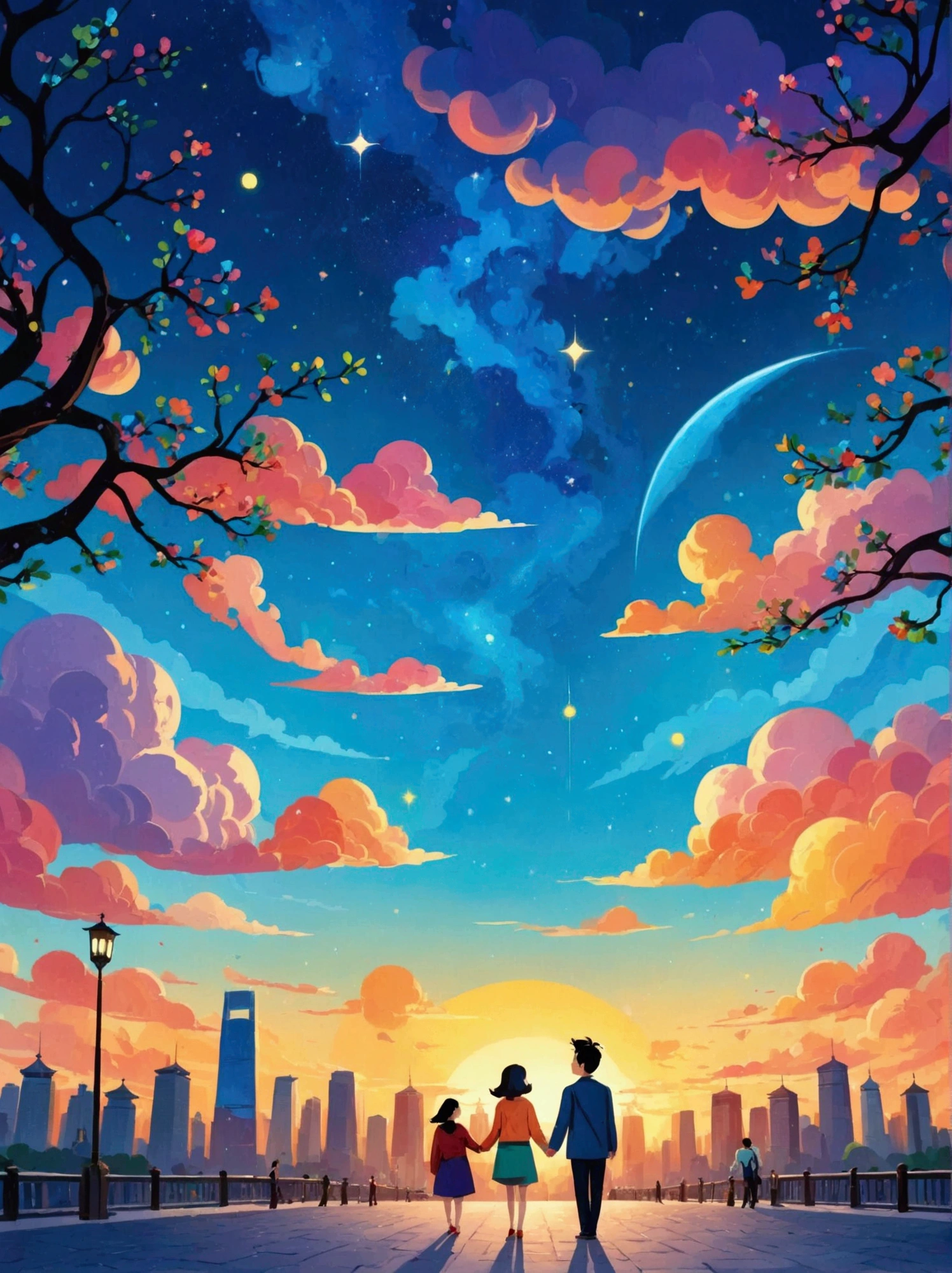 (8k,Bright colors,Bright,Ultra high saturation,rgb, Colorful), Cartoon, Character Design, Surreal photos,Matt Boles' comics,Simple,clean,soft,Exquisite,Summer Night,The deep blue sky is dotted with stars,A couple taking photos close up,Many pedestrians around,The background is the city landmark Beijing,full of romantic atmosphere,Detailed clouds and sky,Sense of space,White space,interesting,Innocence,Psychedelic Art,可爱的Q版Cartoon风格,Simple的背景,Colorful illustrations, Bright colors, Full body image, HD, High-resolution images in a Q-version style, Vector illustration, vivid color, Colorful whimsy, Angle from above, Chinese traditional minimalism