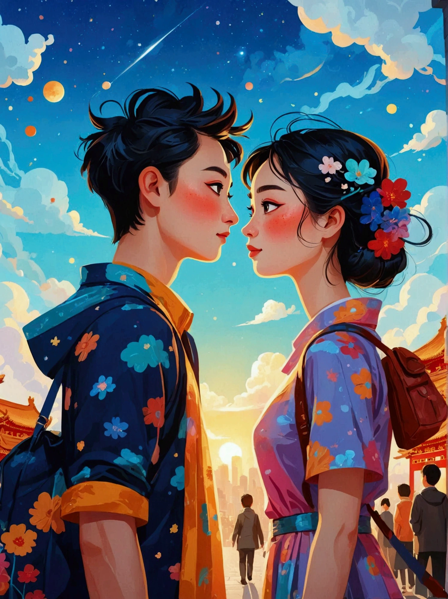 (8k，Bright colors，Bright，Ultra high saturation，rgb, Colorful), Cartoon, Character Design, Surreal photos，Matt Boles&#39; comics，Simple，clean，soft，Exquisite，Summer Night，The deep blue sky is dotted with stars，A couple taking photos close up，Many pedestrians around，The background is the city landmark Beijing，full of romantic atmosphere，Detailed clouds and sky，Sense of space，White space，interesting，Innocence，Psychedelic Art，可爱的Q版Cartoon风格，Simple的背景，Colorful illustrations, Bright colors, Full body image, HD, High-resolution images in a Q-version style, Vector illustration, vivid color, Colorful whimsy, Angle from above, Chinese traditional minimalism 