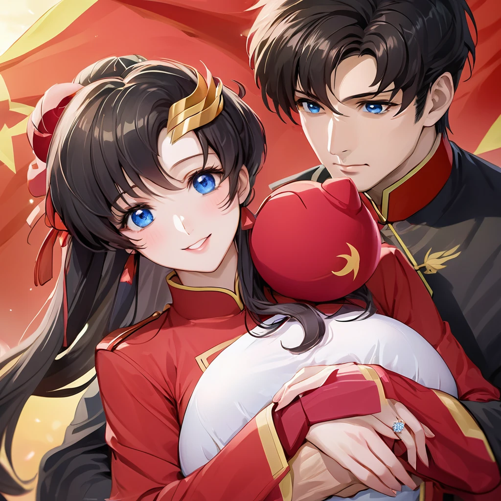 ((Highest quality)), ((masterpiece)), (detailed), (Perfect Face)、The woman is a Chinese woman named Lacus Clyne, the wife of a middle-aged man. She has blue eyes, medium-long black hair, and is wearing an engagement ring. She has become a member of the glorious Chinese Communist Party and has sworn absolute loyalty to the Chinese Communist Party. She is a righteous Communist Party member of China.、The woman is wearing the fine red uniform of a Chinese Communist Party member.、For the sake of China, they dye their hair, hairstyle, clothes, and everything they wear belongs to the Chinese Communist Party, and their thoughts are also Chinese, becoming great Chinese in body and mind.、The woman became Lacus Clyne, a Chinese woman who was proud of and loved China.、The woman is chosen by a great Chinese Communist Party official and is given the honor of becoming his wife.、The woman looks happy being held in the arms of a great Chinese Communist Party official.、The woman is the wife of a glorious Chinese Communist Party official.、The man is a great Chinese Communist Party official, a dignified and imposing middle-aged man who has married a woman.