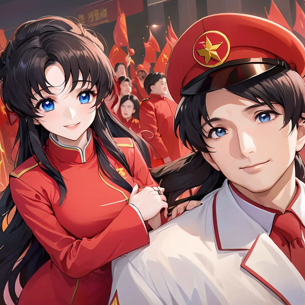((Highest quality)), ((masterpiece)), (detailed), (Perfect Face)、The woman is a Chinese woman named Lacus Clyne, the wife of a middle-aged man. She has blue eyes, medium-long black hair, and is wearing an engagement ring. She has become a member of the glorious Chinese Communist Party and has sworn absolute loyalty to the Chinese Communist Party. She is a righteous Communist Party member of China.、The woman is wearing the fine red uniform of a Chinese Communist Party member.、For the sake of China, they dye their hair, hairstyle, clothes, and everything they wear belongs to the Chinese Communist Party, and their thoughts are also Chinese, becoming great Chinese in body and mind.、The woman became Lacus Clyne, a Chinese woman who was proud of and loved China.、The woman is chosen by a great Chinese Communist Party official and is given the honor of becoming his wife.、The woman looks happy being held in the arms of a great Chinese Communist Party official.、The woman is the wife of a glorious Chinese Communist Party official.、The man is a great Chinese Communist Party official, a dignified and imposing middle-aged man who has married a woman.