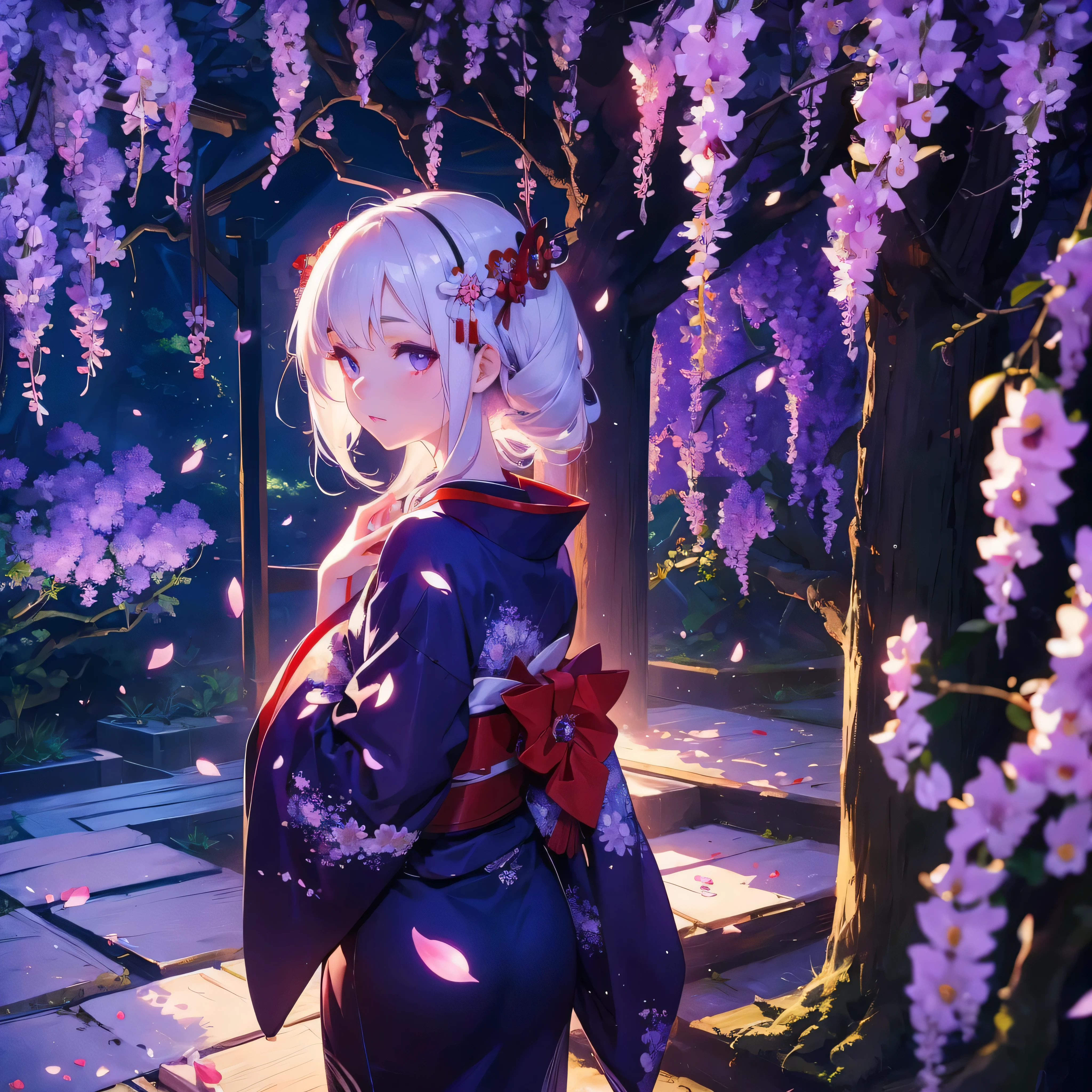 a beautiful geisha in the wisteria forest, dark night, , (Beautifully Aesthetic:1.2),wisteria, peace, tranquility, serenity, petals, red kimono, white hair