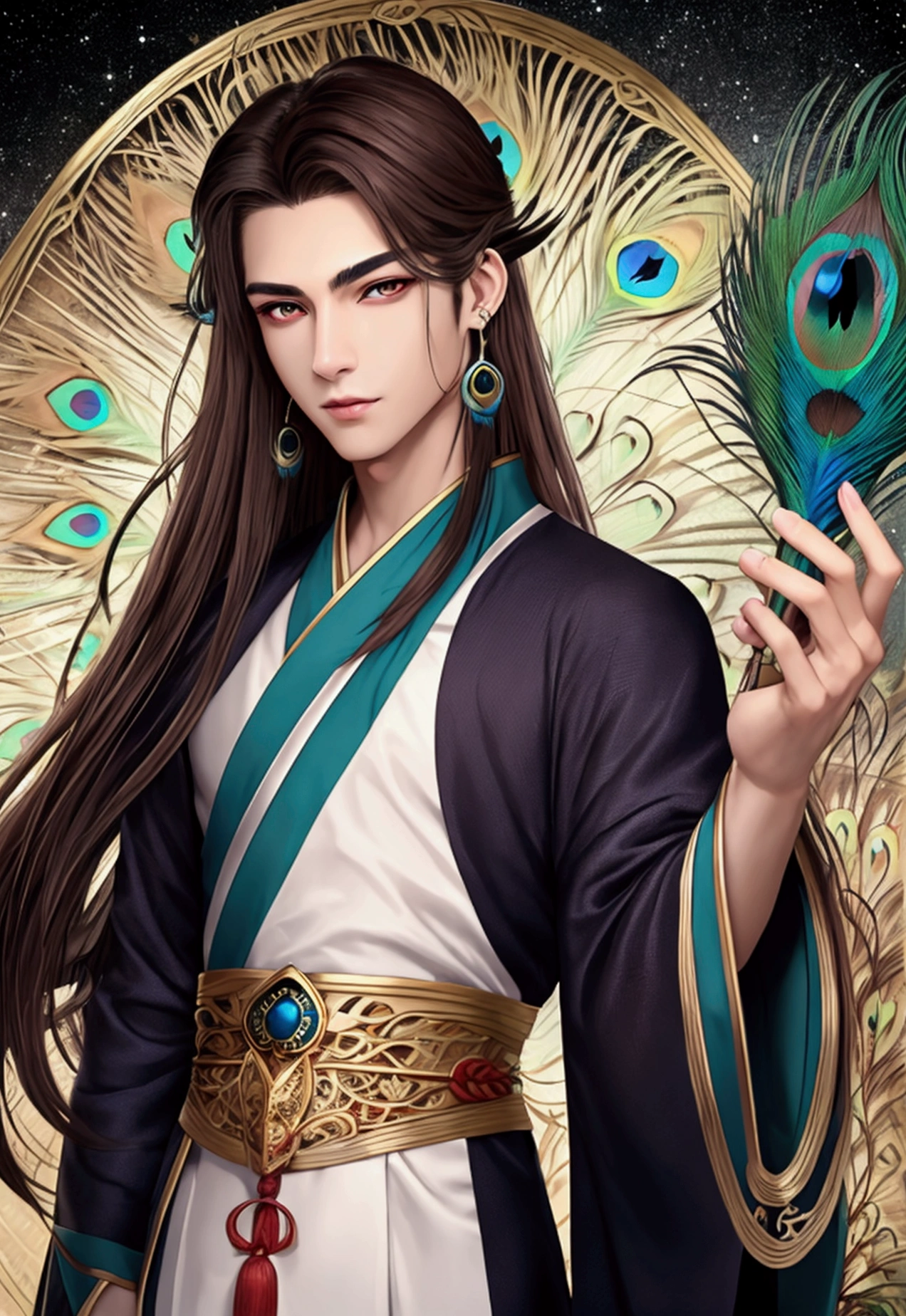 sarcastic young male mage. red eyes. fox-like eyes. narrow eyes. smirk. thin-thin lips. sharp face. thin sharp eyebrows. eyebrows tick. very long brown hair. peacock feather earring in one ear. hanfu
