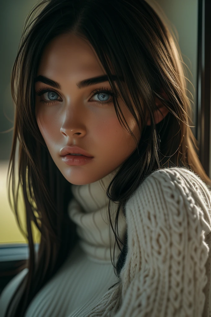 Megan Fox, ultra-detailed Nordic eyes, bangs, large breasts, knit sweater, (((masterpiece, ultra-detailed face))).