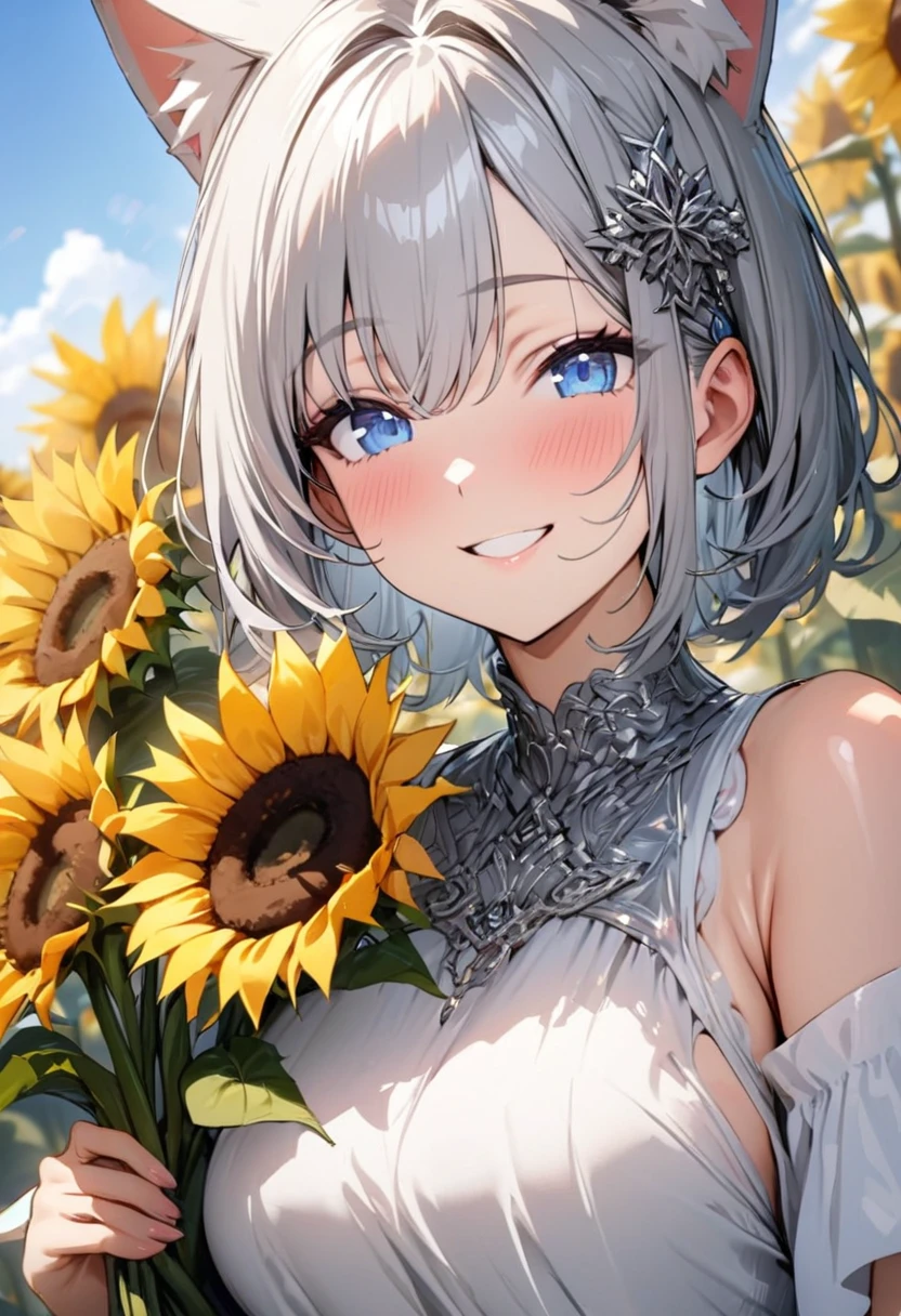 silver bob hair, 1 girl, (((best quality)), ((masterpiece)), (details), masterpiece, best quality, high quality, super detailed, perfect face, ((1 girl, Blue eyes, Cat ears: 1.3 silver bob: 2.5,)),Shiny Hair、Shiny skin、smile、Alluring expression、Sunflower bouquet、Sunflower hair accessory、blue sky、Sunflower field、Low - Angle