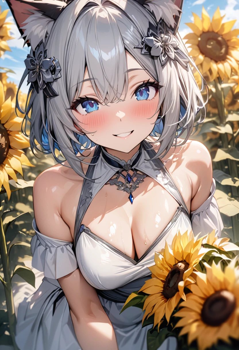 silver bob hair, 1 girl, (((best quality)), ((masterpiece)), (details), masterpiece, best quality, high quality, super detailed, perfect face, ((1 girl, Blue eyes, Cat ears: 1.3 silver bob: 2.5,)),Shiny Hair、Shiny skin、smile、Alluring expression、Sunflower bouquet、Sunflower hair accessory、blue sky、Sunflower field、Low - Angle