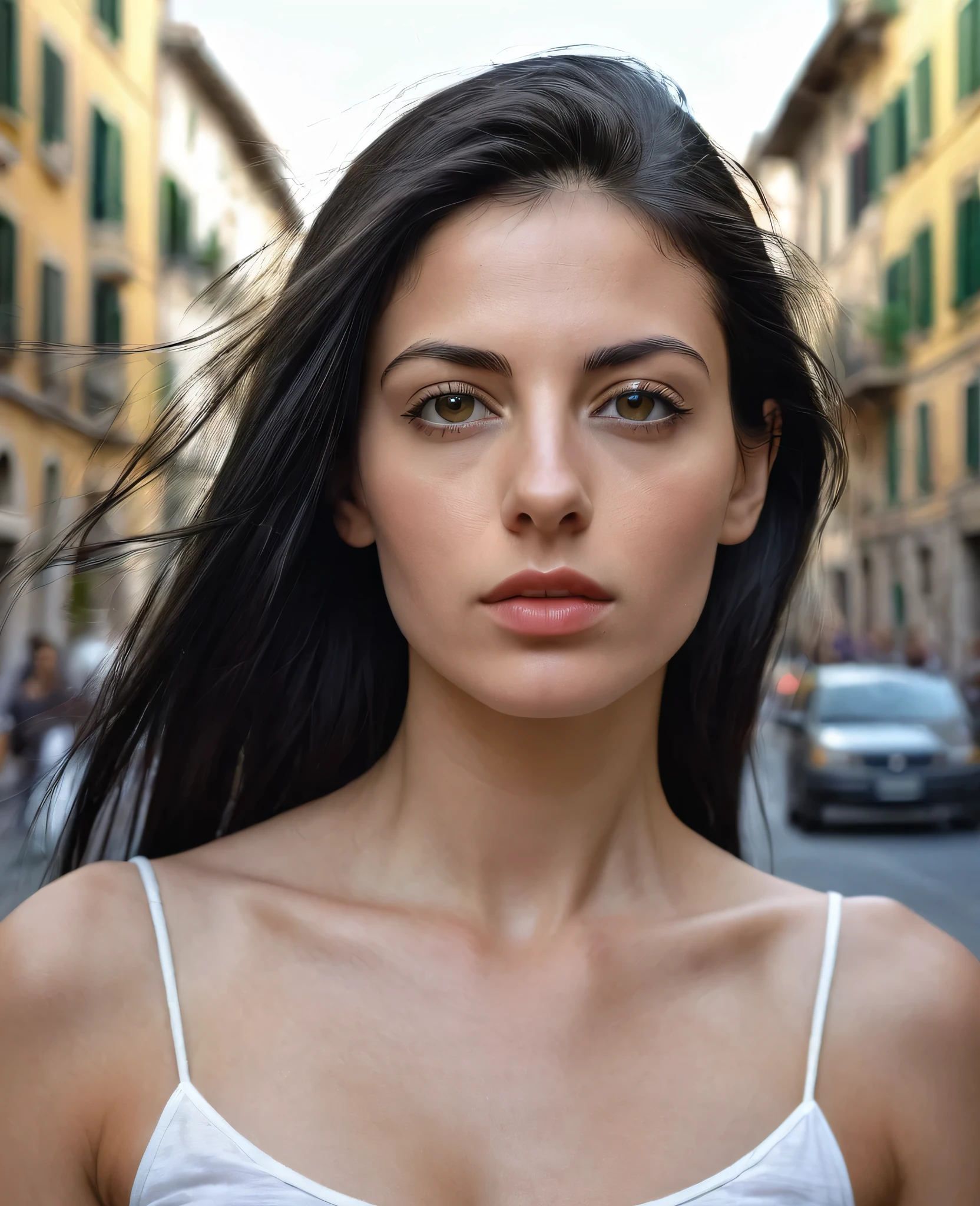 Portrait of a beautiful Italian woman, 28 years old, small breasts, natural lips a little juicy, long black hair with shaved sides , yeux verts, realism, digital painting, Art conceptuel, fluidity, sharpness, rule of thirds, 35 mm, distant camera, ultra-realistic, but background of a busy city