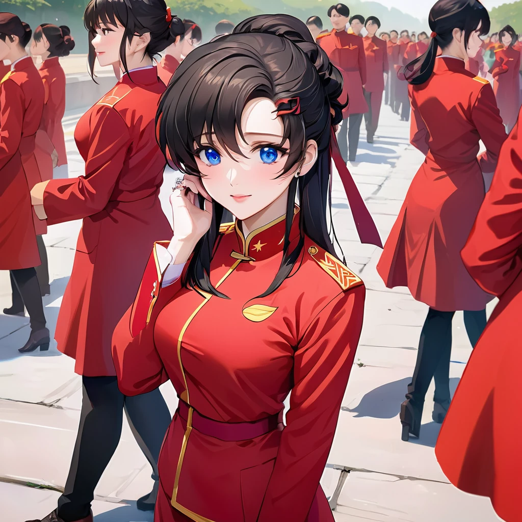 ((Highest quality)), ((masterpiece)), (detailed), (Perfect Face)、The woman is a Chinese Lacus Clyne with blue eyes and medium-long black hair. She is wearing an engagement ring. She has become a member of the glorious Chinese Communist Party and has sworn absolute loyalty to the Chinese Communist Party. She is a righteous Communist Party member of China.、The woman is wearing the fine red uniform of a Chinese Communist Party member.、For the sake of China, they dye their hair, hairstyle, clothes, and everything they wear belongs to the Chinese Communist Party, and their thoughts are also Chinese, becoming great Chinese in body and mind.、The woman became Lacus Clyne, a Chinese woman who was proud of and loved China.、She is working for China as a member of the great Chinese Communist Party.、The women lined up in an orderly fashion with their fellow Communist Party members at the ceremony, saluted the beloved and great President of China, swore loyalty from the bottom of their hearts, and were filled with joy at the honor of serving the President.